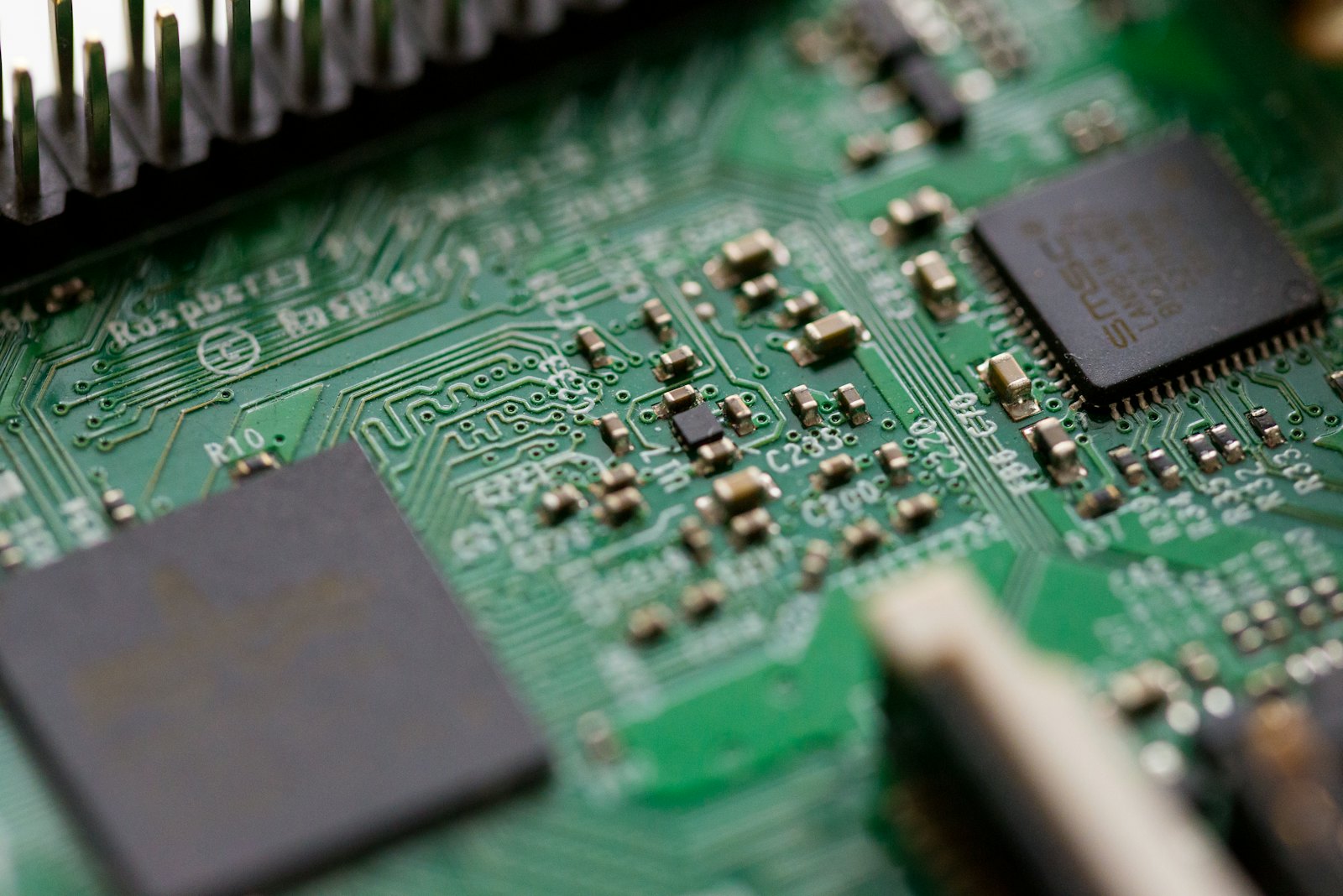 Macro shot of a populated circuit board